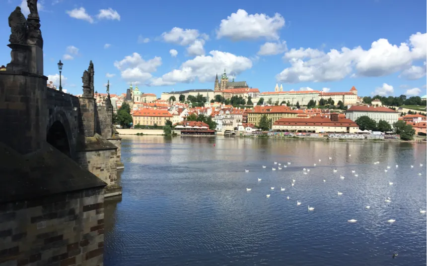 A beautiful view of a river in a European city.