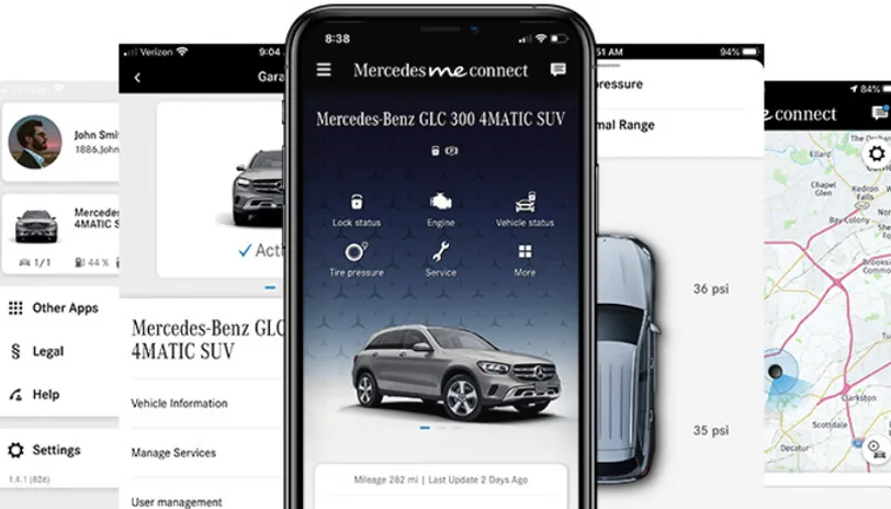 Assortment of various Mercedes me Connect smartphone screen displays