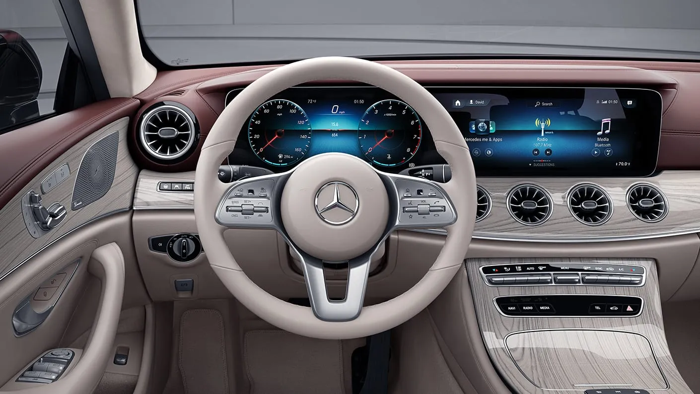 An interior photo of the Mercedes-Benz CLS coupe with the MBUX system
