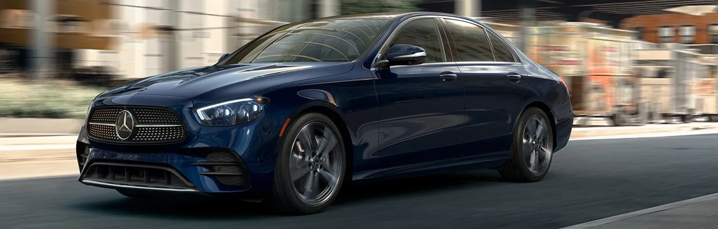 Display E 350 Sedan in Lunar Blue with 18-inch twin 5-spoke wheels