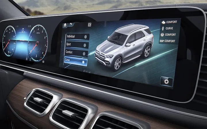 An interior photo of the Mercedes-Benz GLC with the MBUX system up on the dashboard