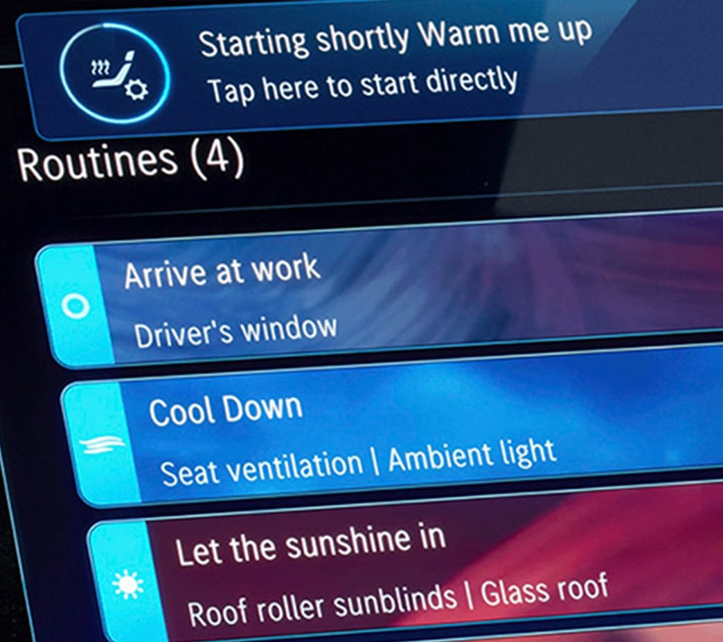 MBUX Routines let you automate everyday functions based on location, conditions or other parameters, from warming the seats when it's cold to playing your favorite Friday night soundtrack.