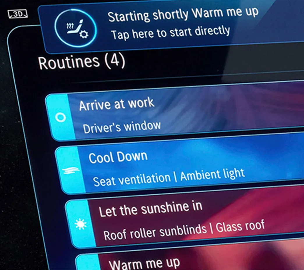 MBUX Routines let you automate everyday functions based on location, conditions or other parameters, from warming the seats when it's cold to playing your favorite Friday night soundtrack.