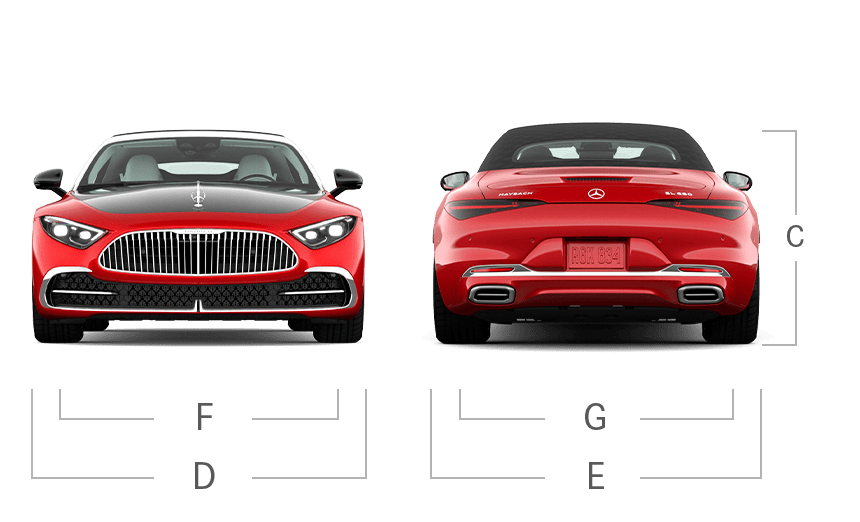 model front and back view diensions