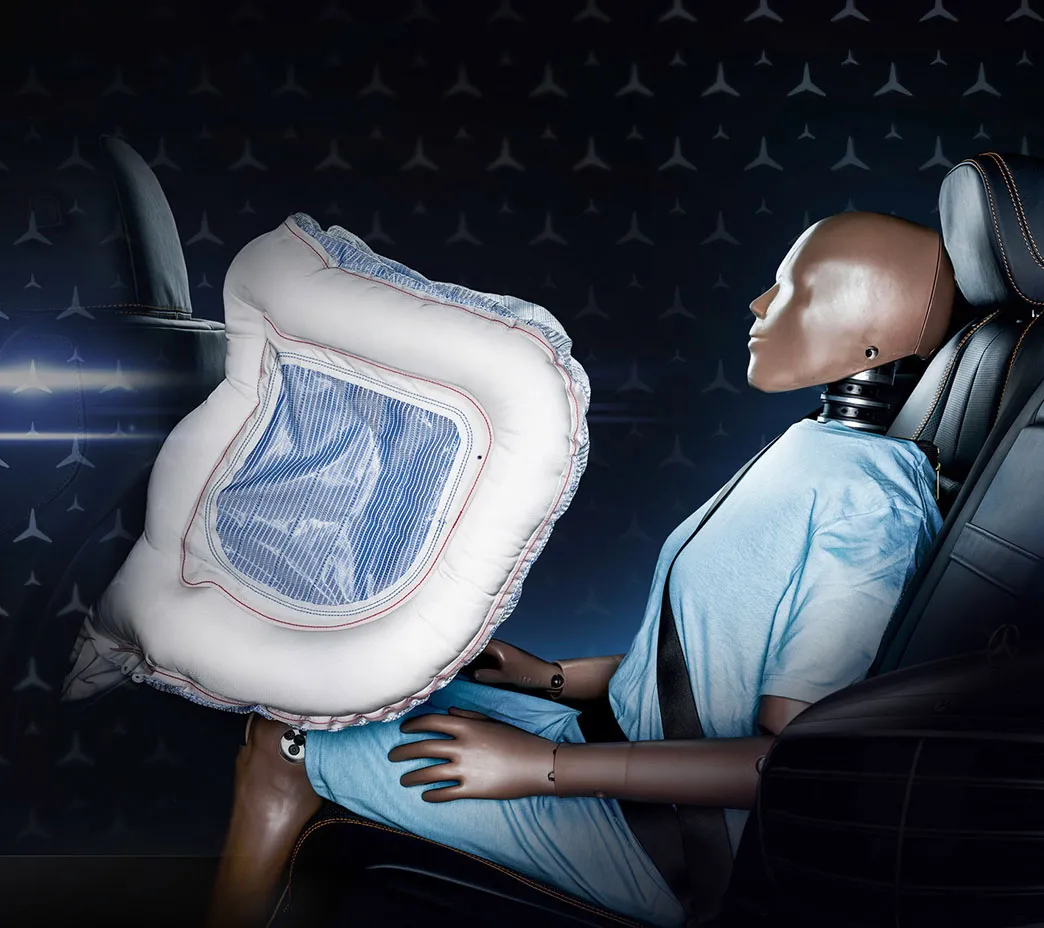 Long a pioneer in restraint systems, today's S-Class includes an air bag between the driver and front passenger. Frontal air bags are even available for the rear cabin.