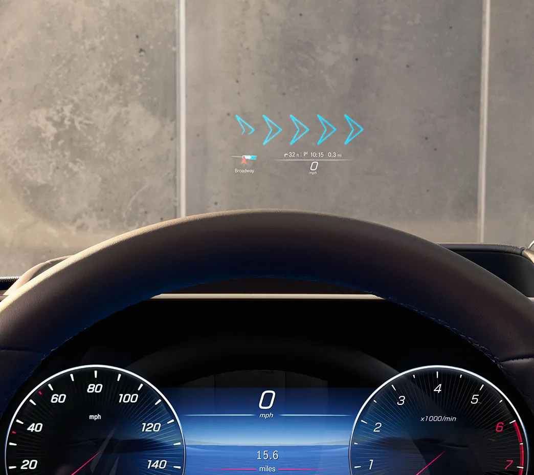 In addition to projecting useful information into your field of vision, augmented reality can float dynamic arrows above an actual turn, for clearer driving direction. 