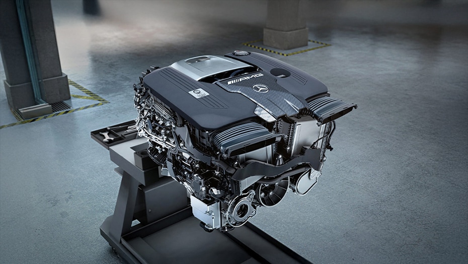 Handcrafted AMG 4.0L V8 biturbo engine with hybrid assist