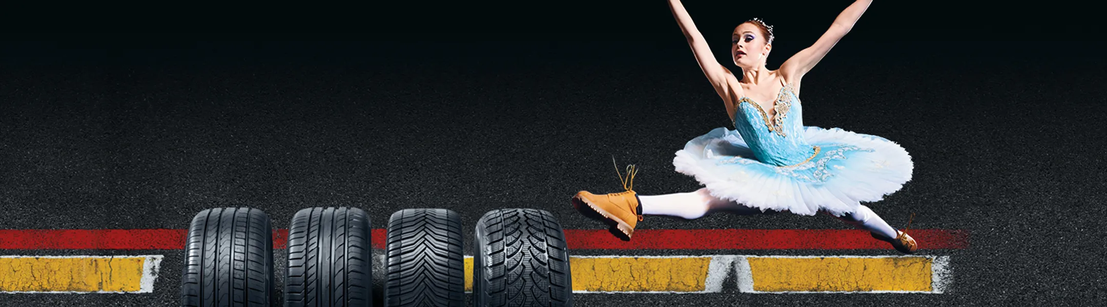 A female ballerina performs the splits next to an image featuring 3 types of tires.