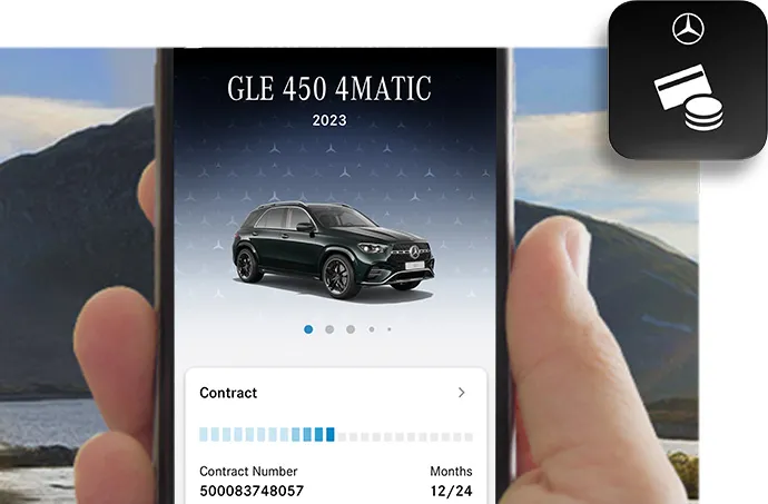 The Mercedes me Finance app is shown on a phone with a customer’s connected vehicle services on display.