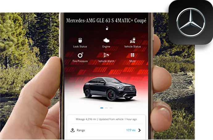 The Mercedes me connect app is shown on a phone with a customer’s connected vehicle services on display.