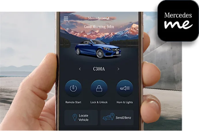 The Mercedes me app is shown on a phone with a customer’s vehicle info on display.